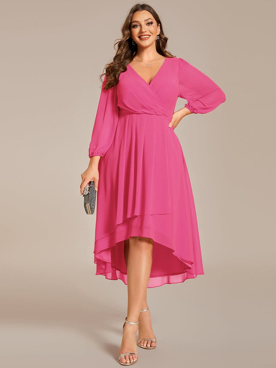 Plus Size Long Sleeve V-Neck Chiffon High Low Wedding Guest Dress #color_Hot Pink