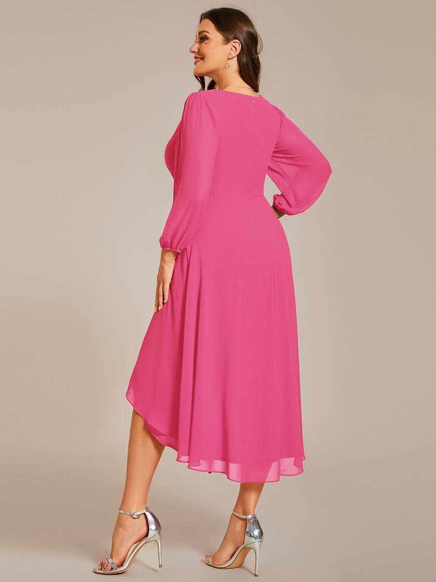 Elegant Long Sleeve V-Neck High Low Chiffon Wedding Guest Dress #color_Hot Pink