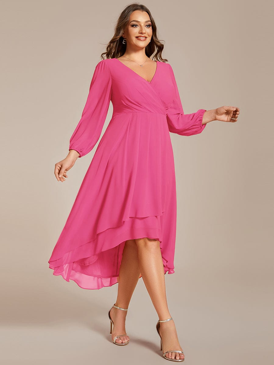 Plus Size Long Sleeve V-Neck Chiffon High Low Wedding Guest Dress #color_Hot Pink