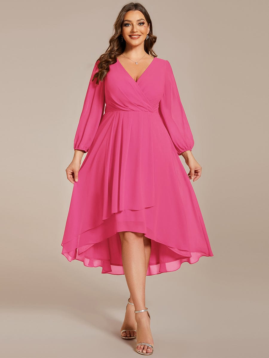 Elegant Long Sleeve V-Neck High Low Chiffon Wedding Guest Dress #color_Hot Pink