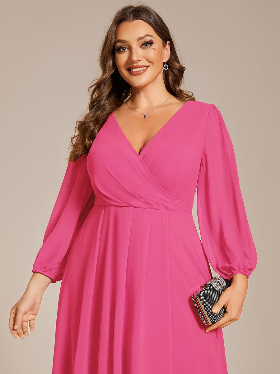 Elegant Long Sleeve V-Neck High Low Chiffon Wedding Guest Dress #color_Hot Pink