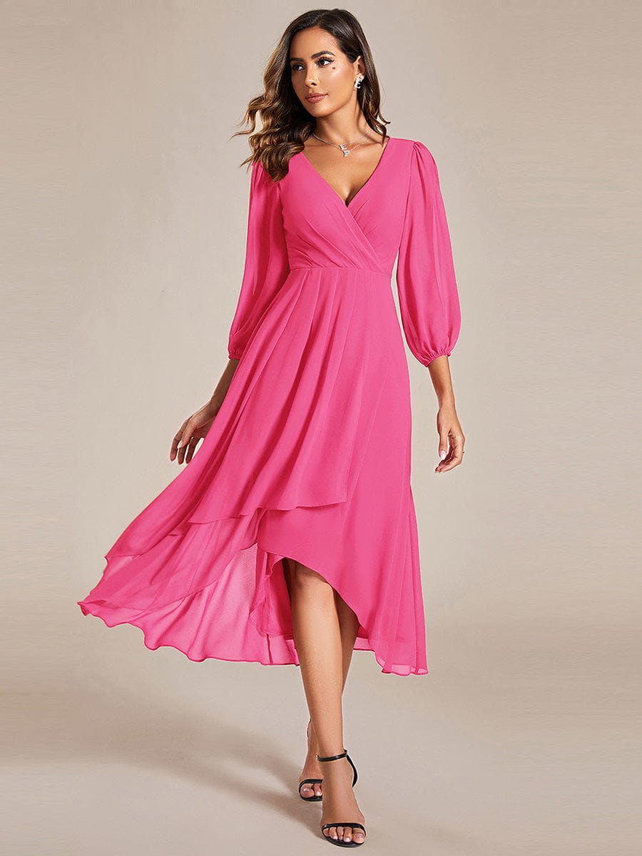 Elegant Long Sleeve V-Neck High Low Chiffon Wedding Guest Dress #color_Hot Pink