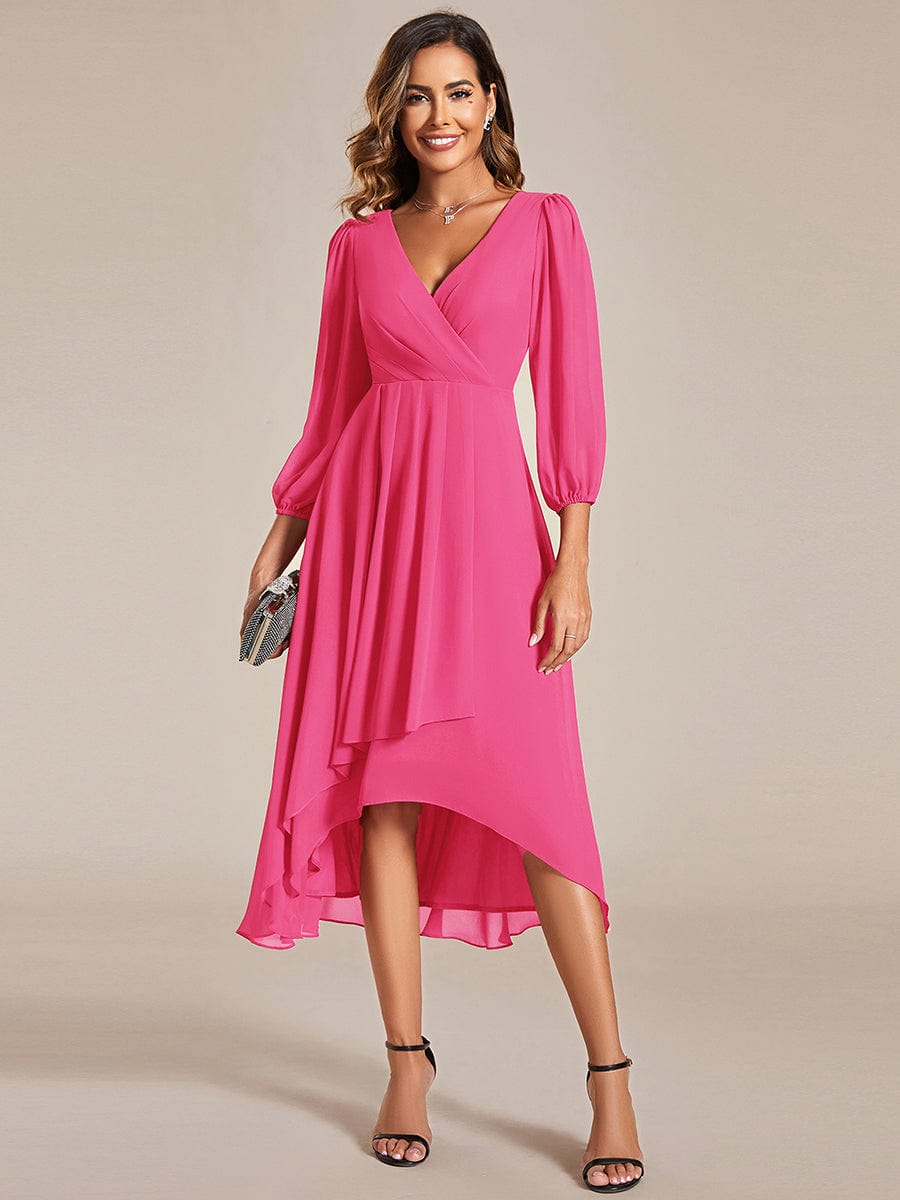 Elegant Long Sleeve V-Neck High Low Chiffon Wedding Guest Dress #color_Hot Pink