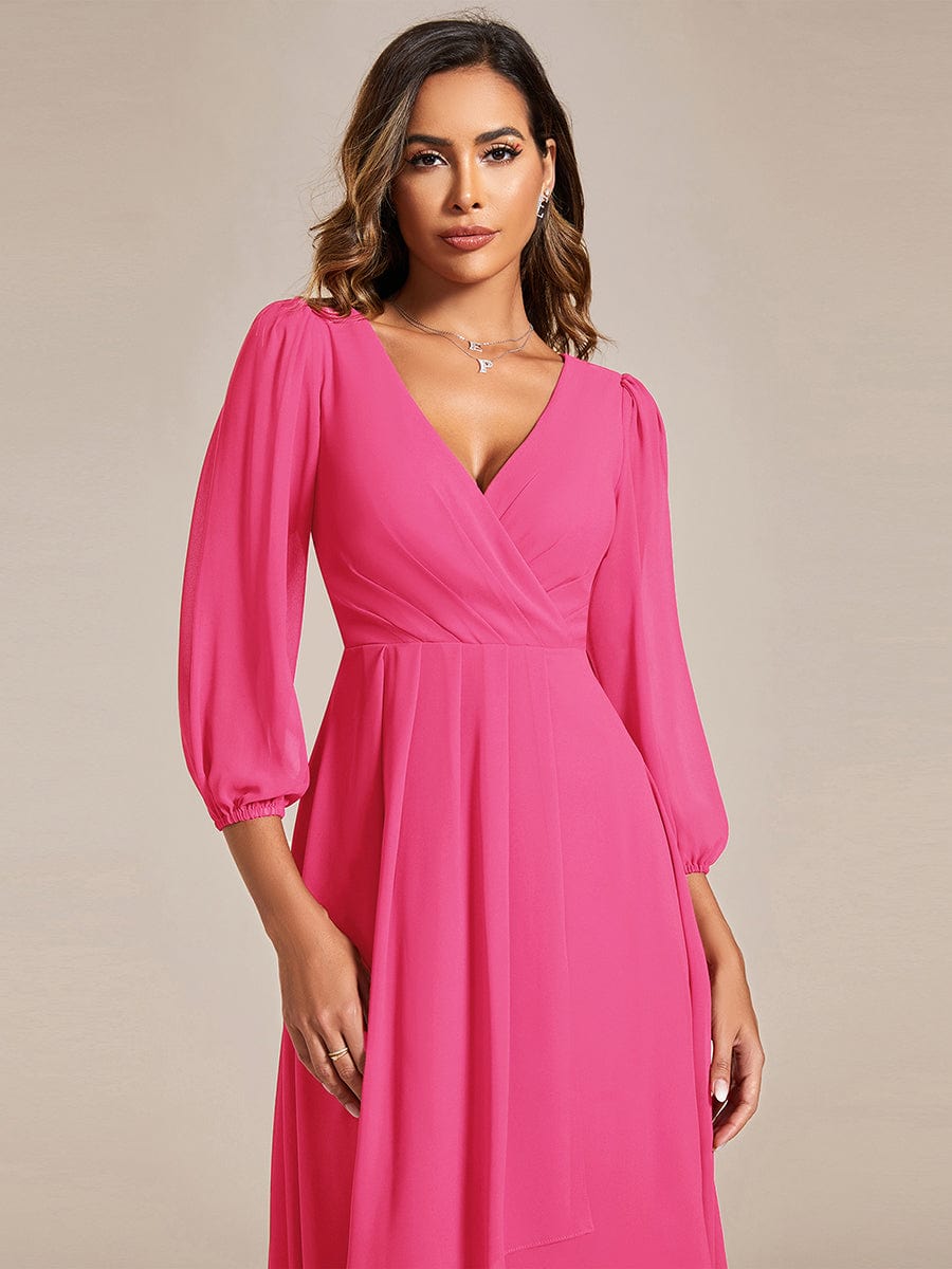 Elegant Long Sleeve V-Neck High Low Chiffon Wedding Guest Dress #color_Hot Pink