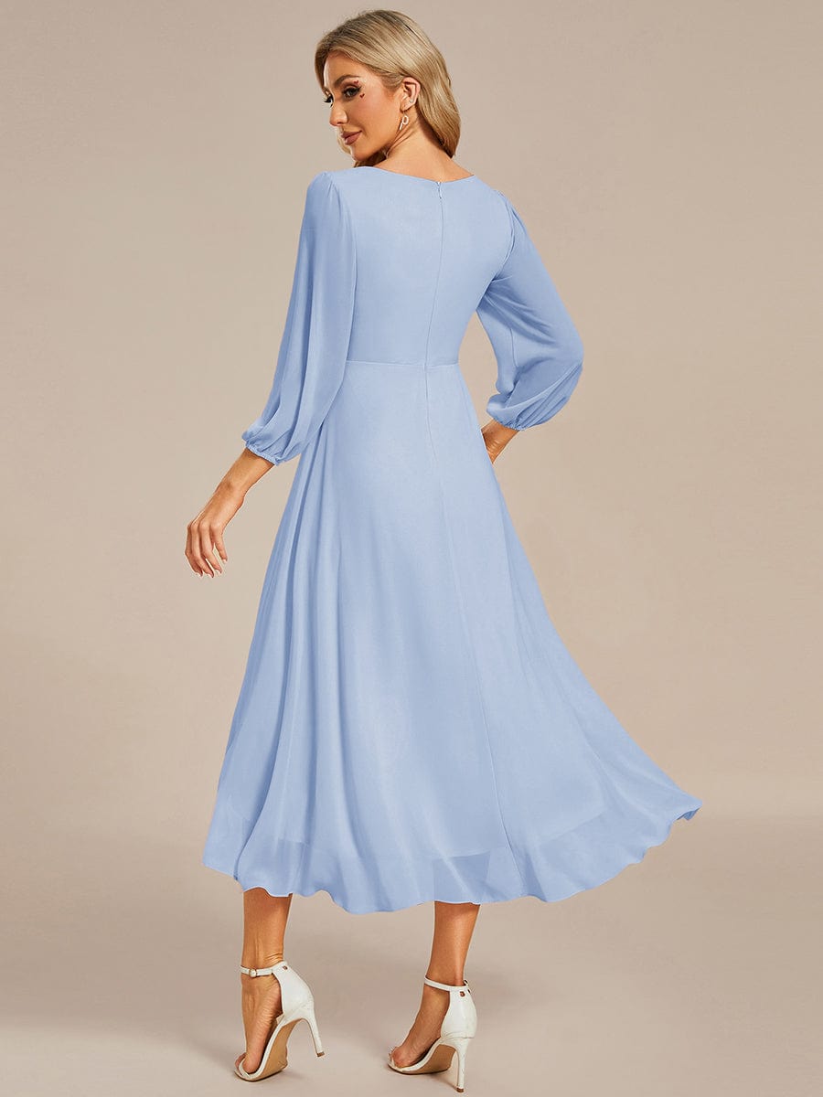 Chiffon Long Sleeve V-Neck High Low Wedding Guest Dress #color_Ice Blue