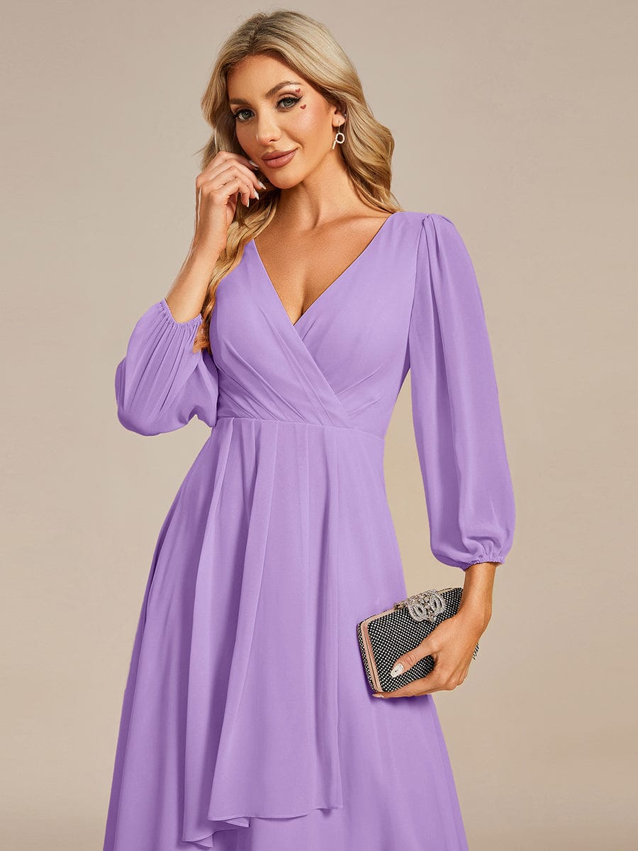 Chiffon Long Sleeve V-Neck High Low Wedding Guest Dress #color_Lavender