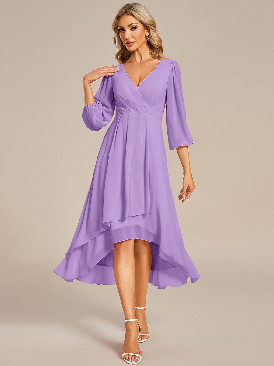 Chiffon Long Sleeve V-Neck High Low Wedding Guest Dress #color_Lavender