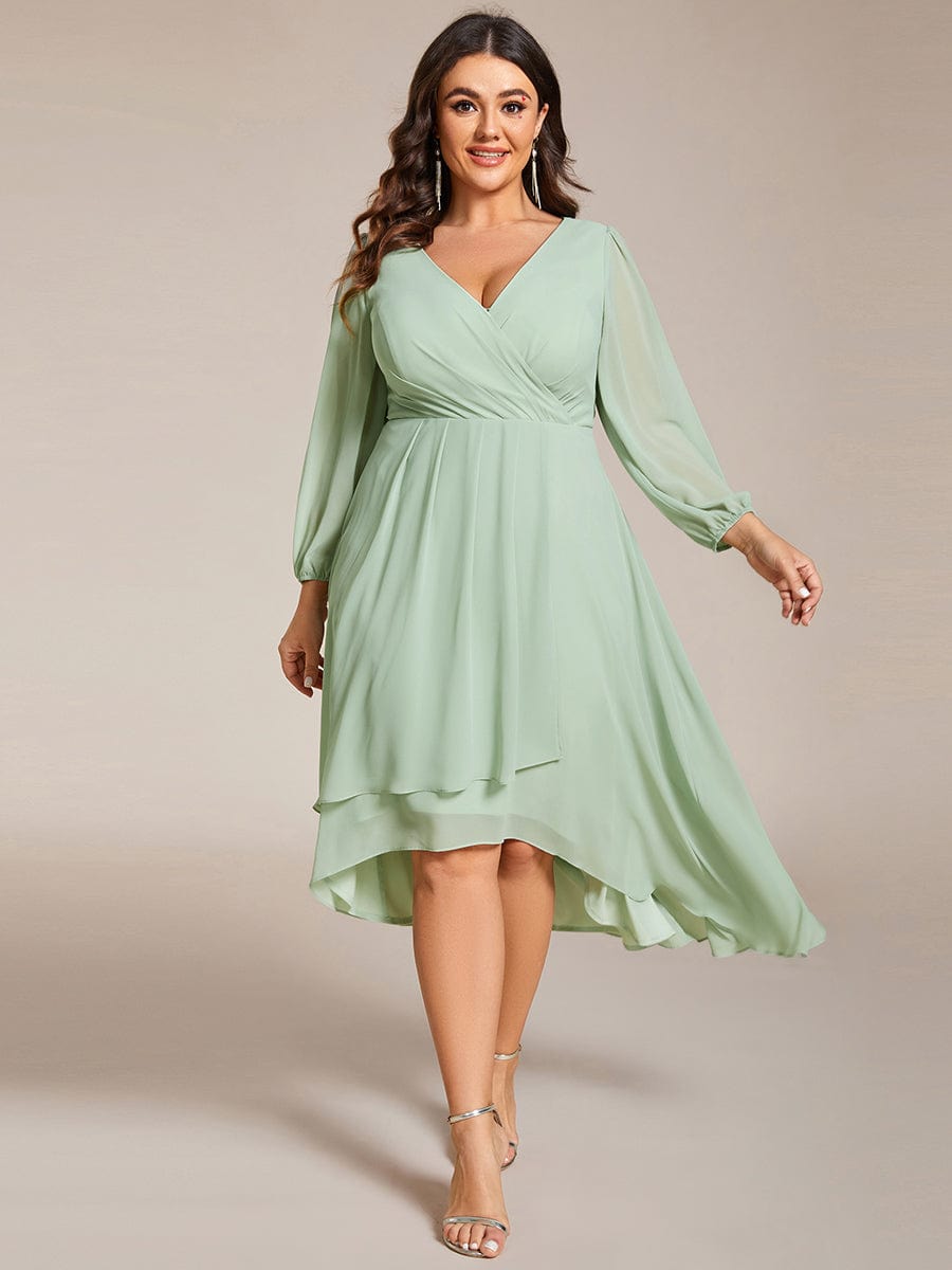 Plus Size Long Sleeve V-Neck Chiffon High Low Wedding Guest Dress #color_Mint Green