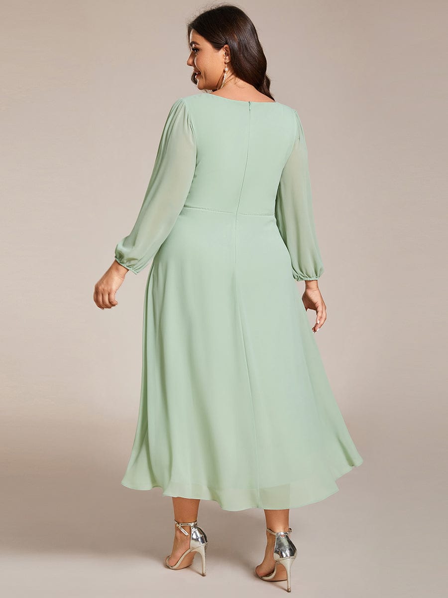 Plus Size Long Sleeve V-Neck Chiffon High Low Wedding Guest Dress #color_Mint Green