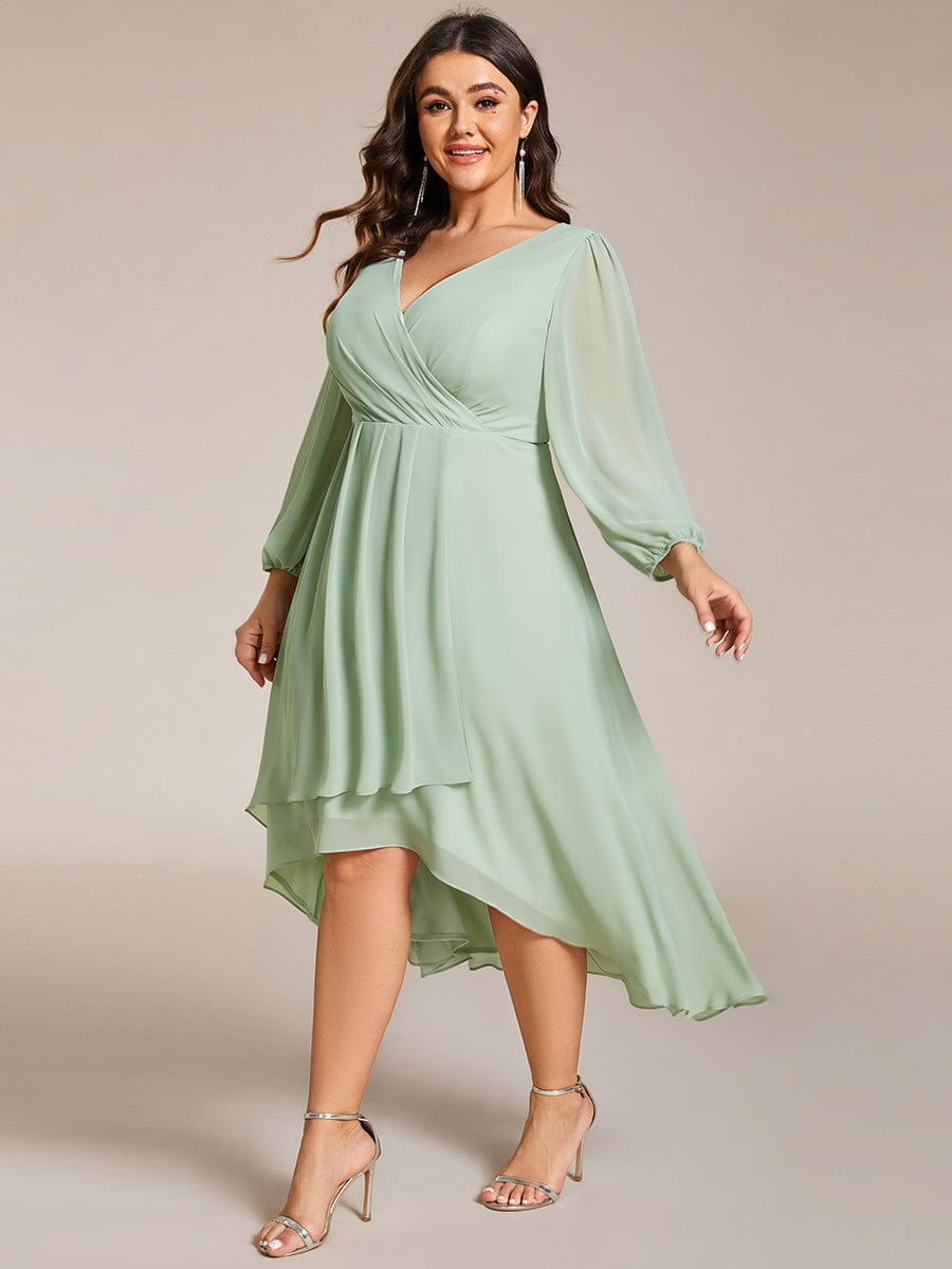 Plus Size Long Sleeve V-Neck Chiffon High Low Wedding Guest Dress #color_Mint Green