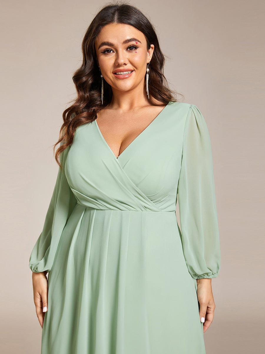 Plus Size Long Sleeve V-Neck Chiffon High Low Wedding Guest Dress #color_Mint Green