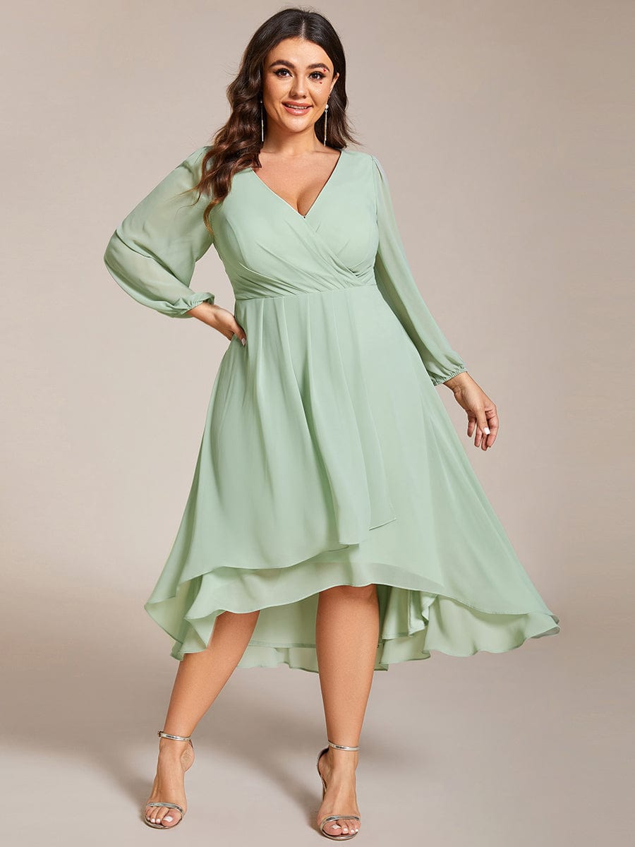 Plus Size Long Sleeve V-Neck Chiffon High Low Wedding Guest Dress #color_Mint Green