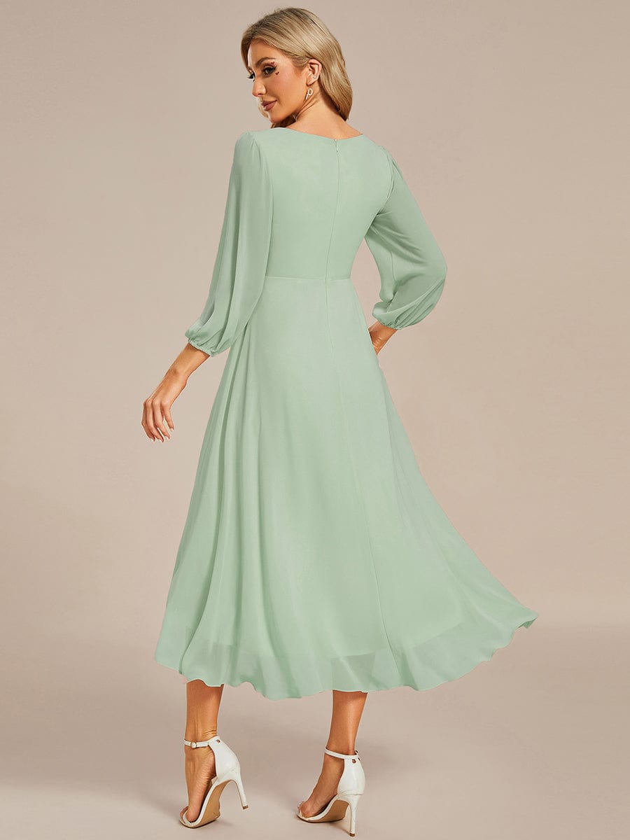 Elegant Long Sleeve V-Neck High Low Chiffon Wedding Guest Dress #color_Mint Green