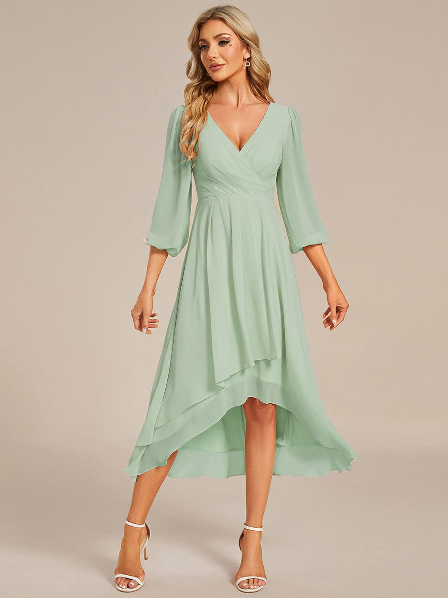 Elegant Long Sleeve V-Neck High Low Chiffon Wedding Guest Dress #color_Mint Green