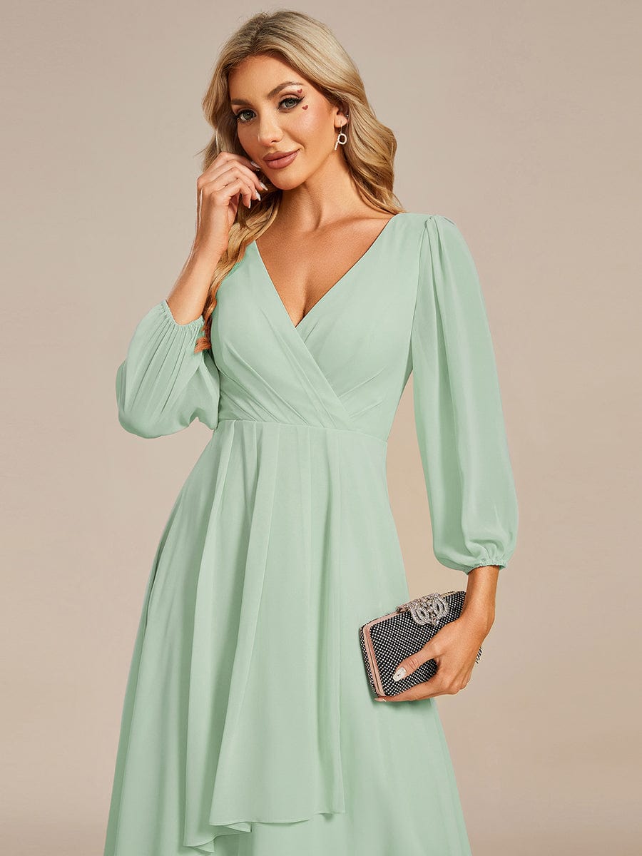 Elegant Long Sleeve V-Neck High Low Chiffon Wedding Guest Dress #color_Mint Green