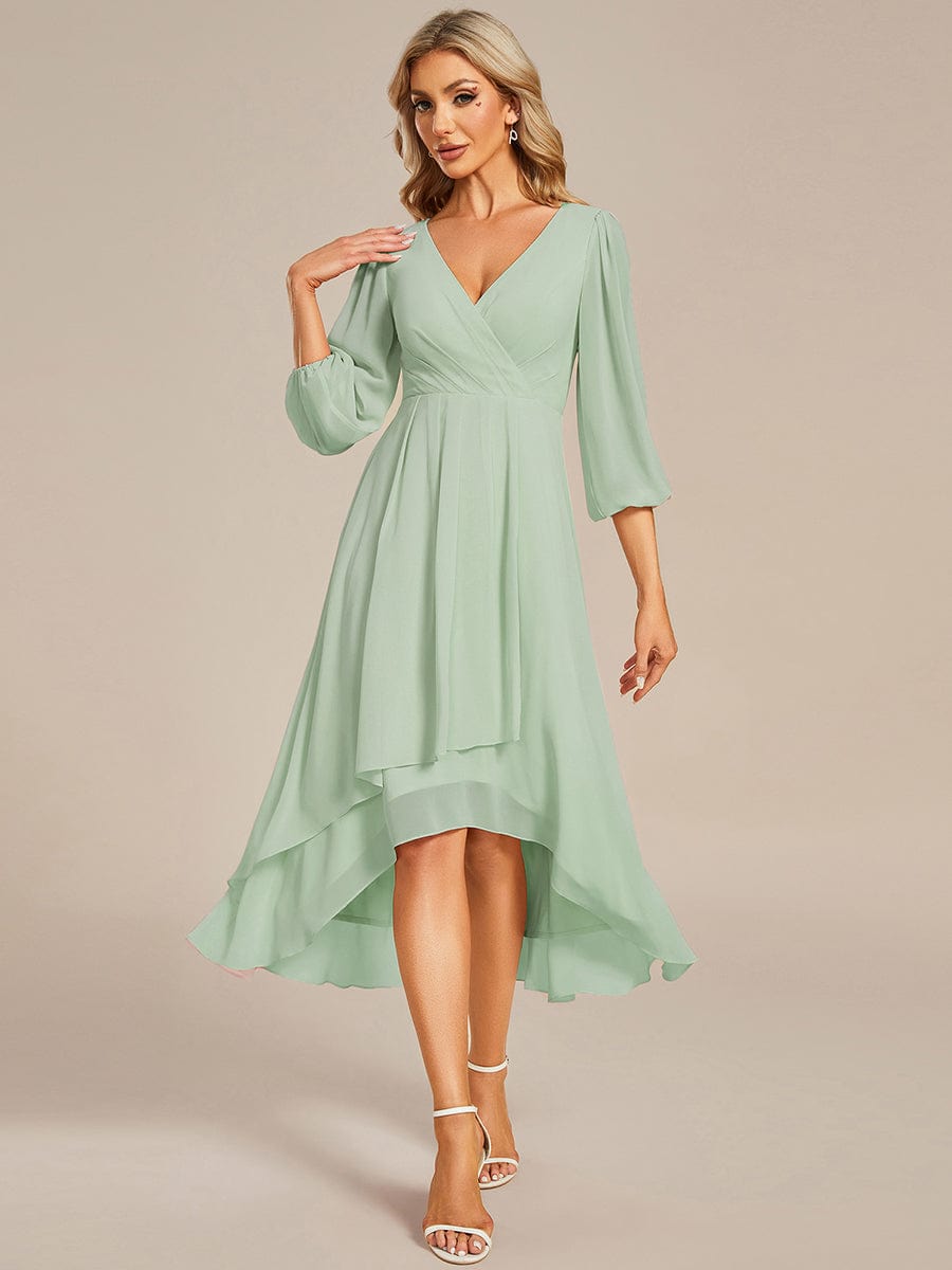 Elegant Long Sleeve V-Neck High Low Chiffon Wedding Guest Dress #color_Mint Green