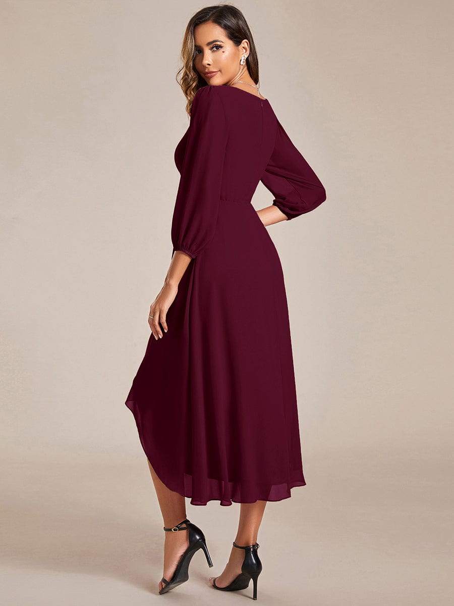 Chiffon Long Sleeve V-Neck High Low Wedding Guest Dress #color_Mulberry