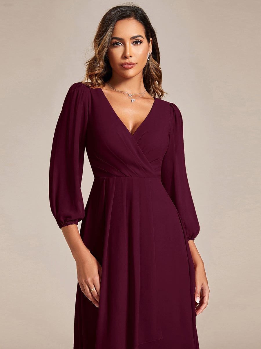 Chiffon Long Sleeve V-Neck High Low Wedding Guest Dress #color_Mulberry