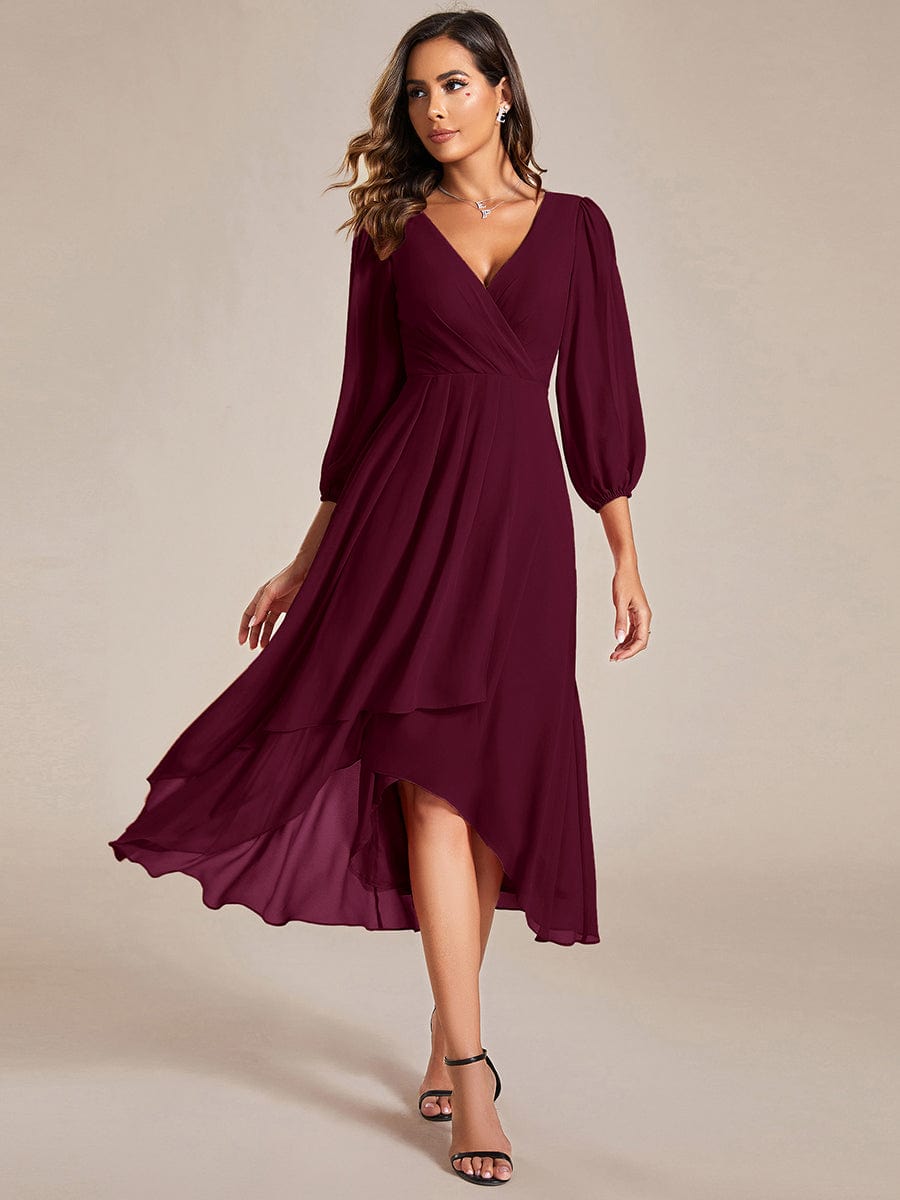 Chiffon Long Sleeve V-Neck High Low Wedding Guest Dress #color_Mulberry