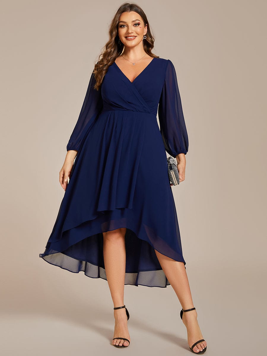 Plus Size Long Sleeve V-Neck Chiffon High Low Wedding Guest Dress #color_Navy Blue