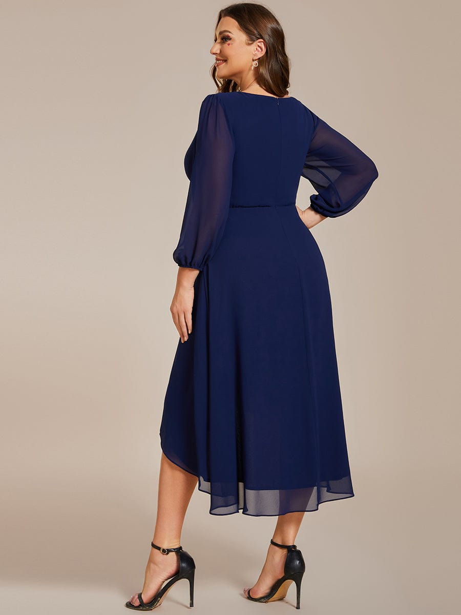 Plus Size Long Sleeve V-Neck Chiffon High Low Wedding Guest Dress #color_Navy Blue