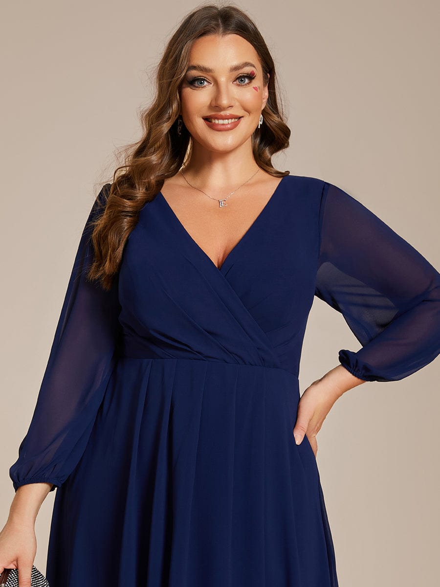 Plus Size Long Sleeve V-Neck Chiffon High Low Wedding Guest Dress #color_Navy Blue