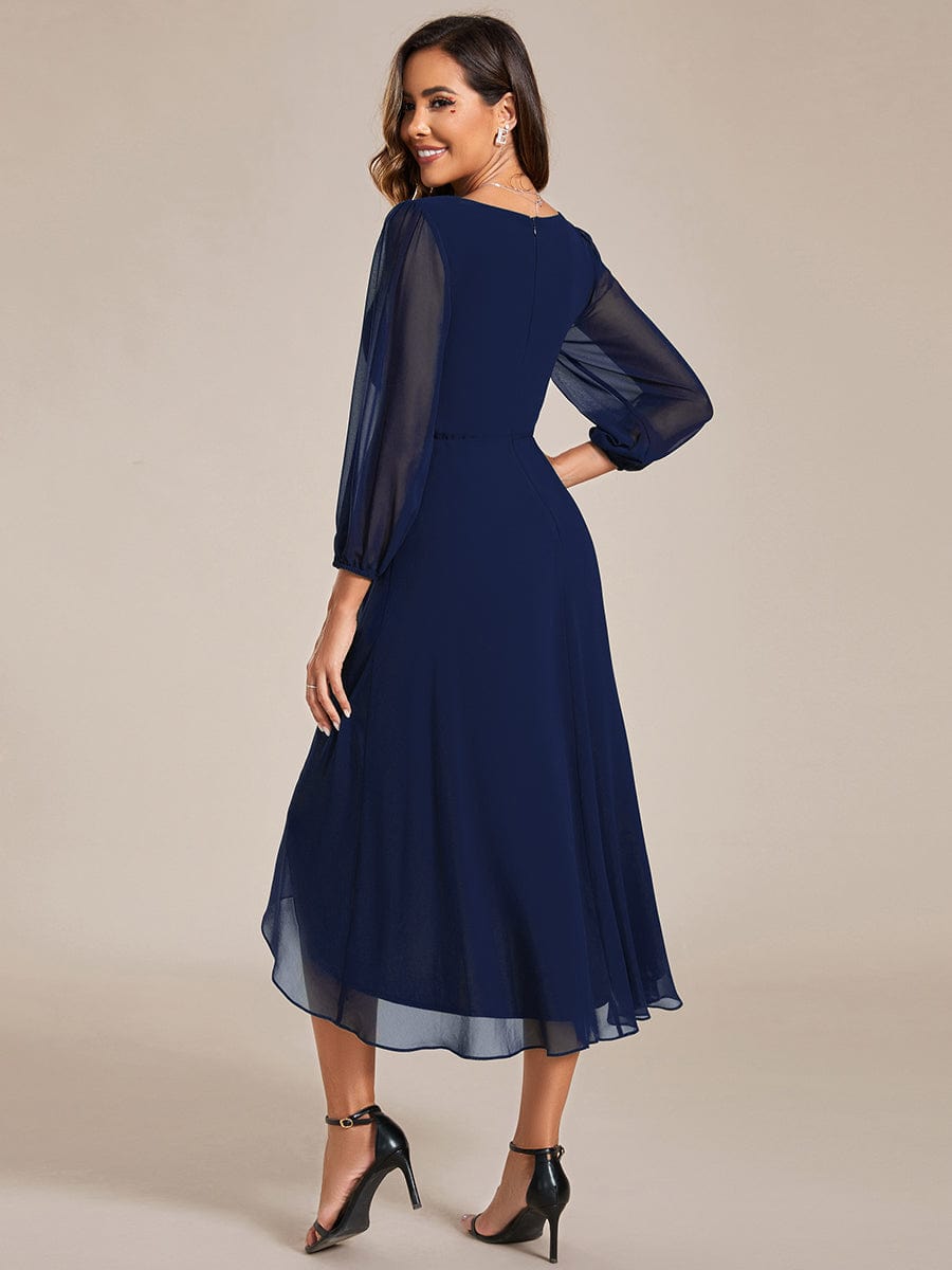 Elegant Long Sleeve V-Neck High Low Chiffon Wedding Guest Dress #color_Navy Blue