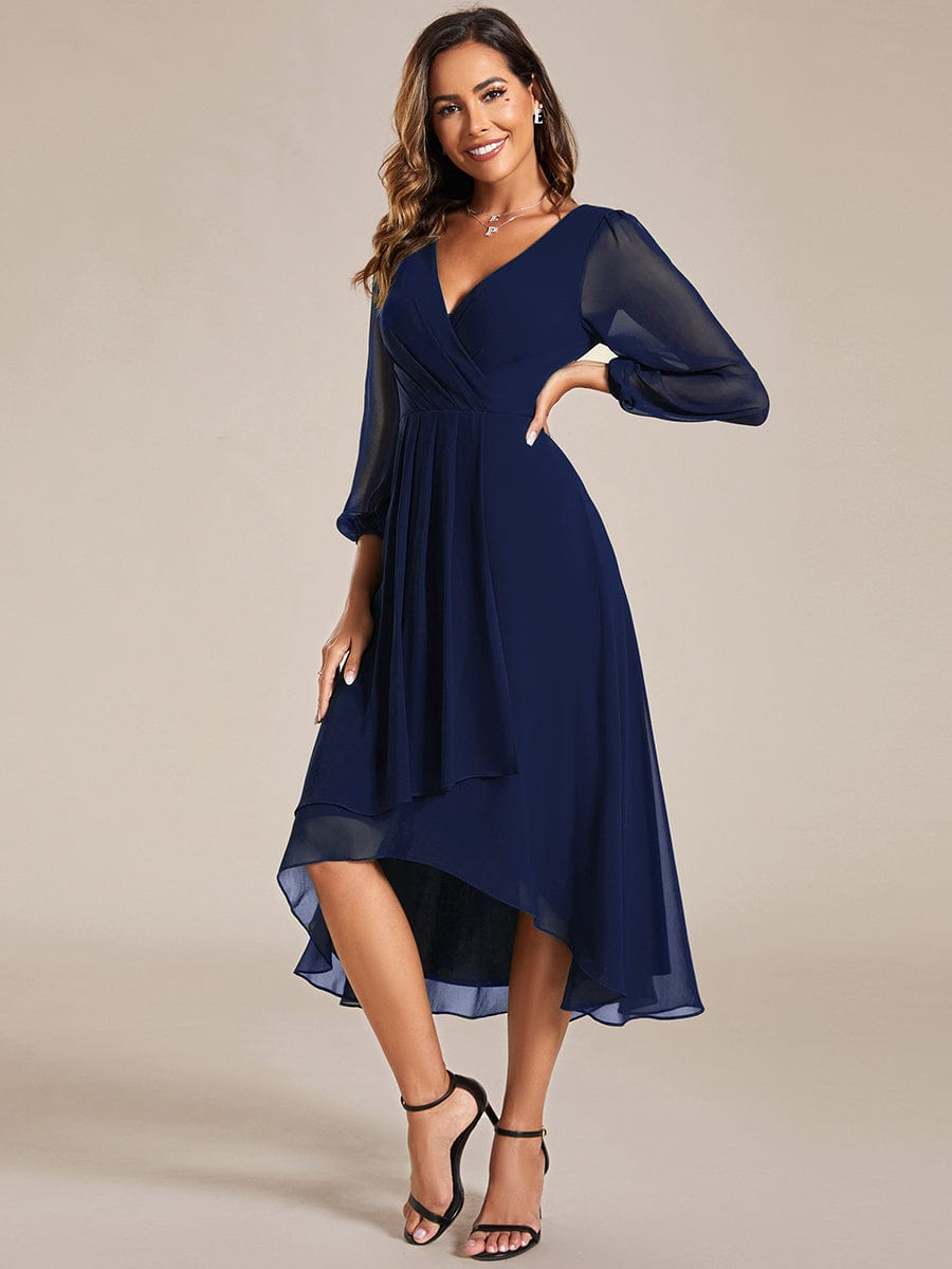 Elegant Long Sleeve V-Neck High Low Chiffon Wedding Guest Dress #color_Navy Blue