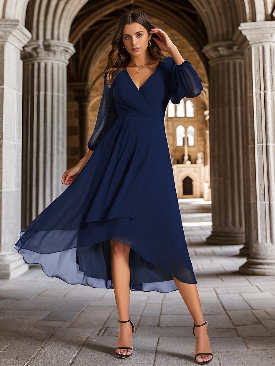 Elegant Long Sleeve V-Neck High Low Chiffon Wedding Guest Dress #color_Navy Blue