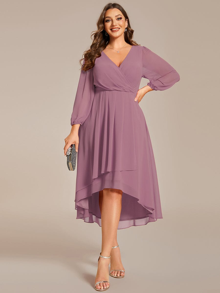 Plus Size Long Sleeve V-Neck Chiffon High Low Wedding Guest Dress #color_Purple Orchid