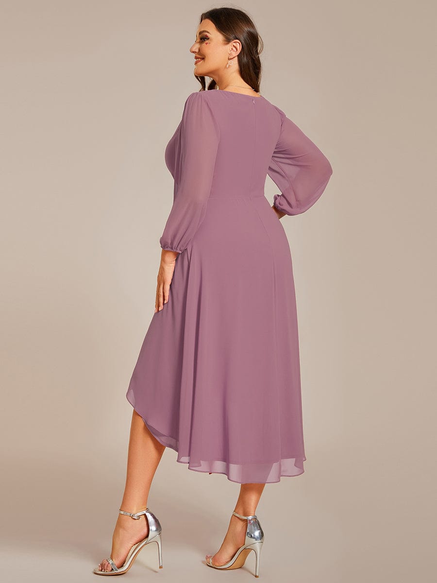 Custom Size Elegant Long Sleeve V-Neck High Low Chiffon Wedding Guest Dress #color_Purple Orchid