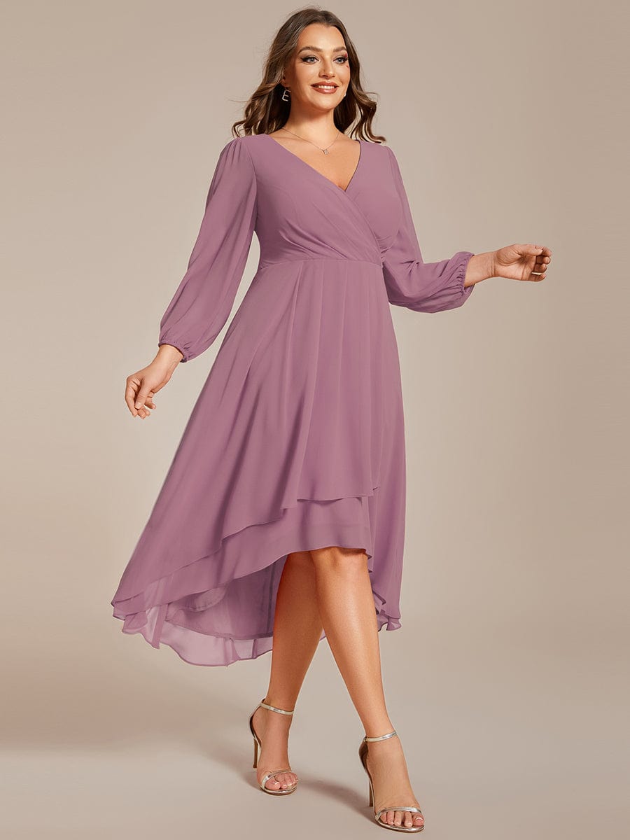 Plus Size Long Sleeve V-Neck Chiffon High Low Wedding Guest Dress #color_Purple Orchid