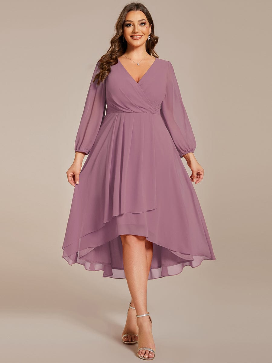 Plus Size Long Sleeve V-Neck Chiffon High Low Wedding Guest Dress #color_Purple Orchid