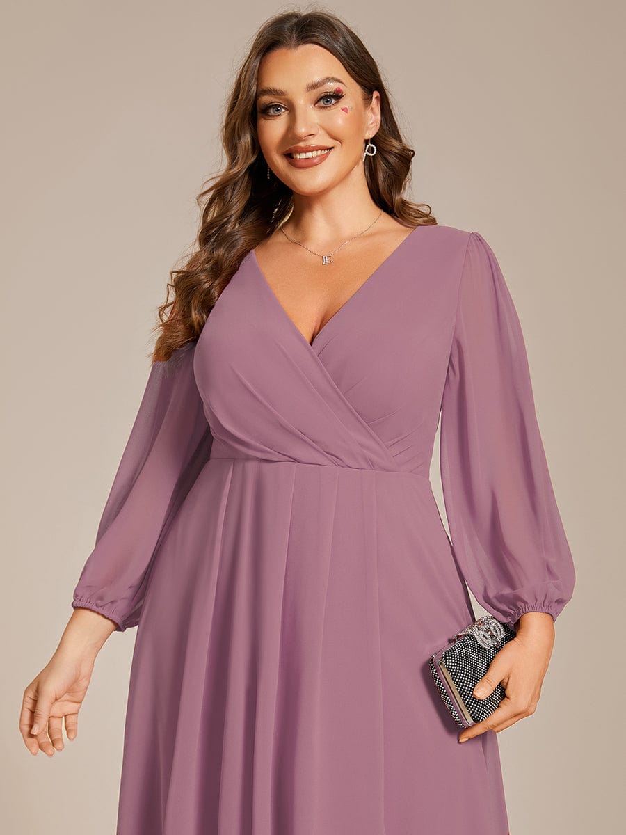 Plus Size Long Sleeve V-Neck Chiffon High Low Wedding Guest Dress #color_Purple Orchid