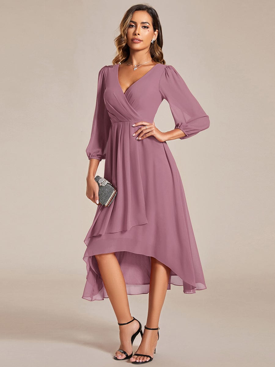 Elegant Long Sleeve V-Neck High Low Chiffon Wedding Guest Dress #color_Purple Orchid