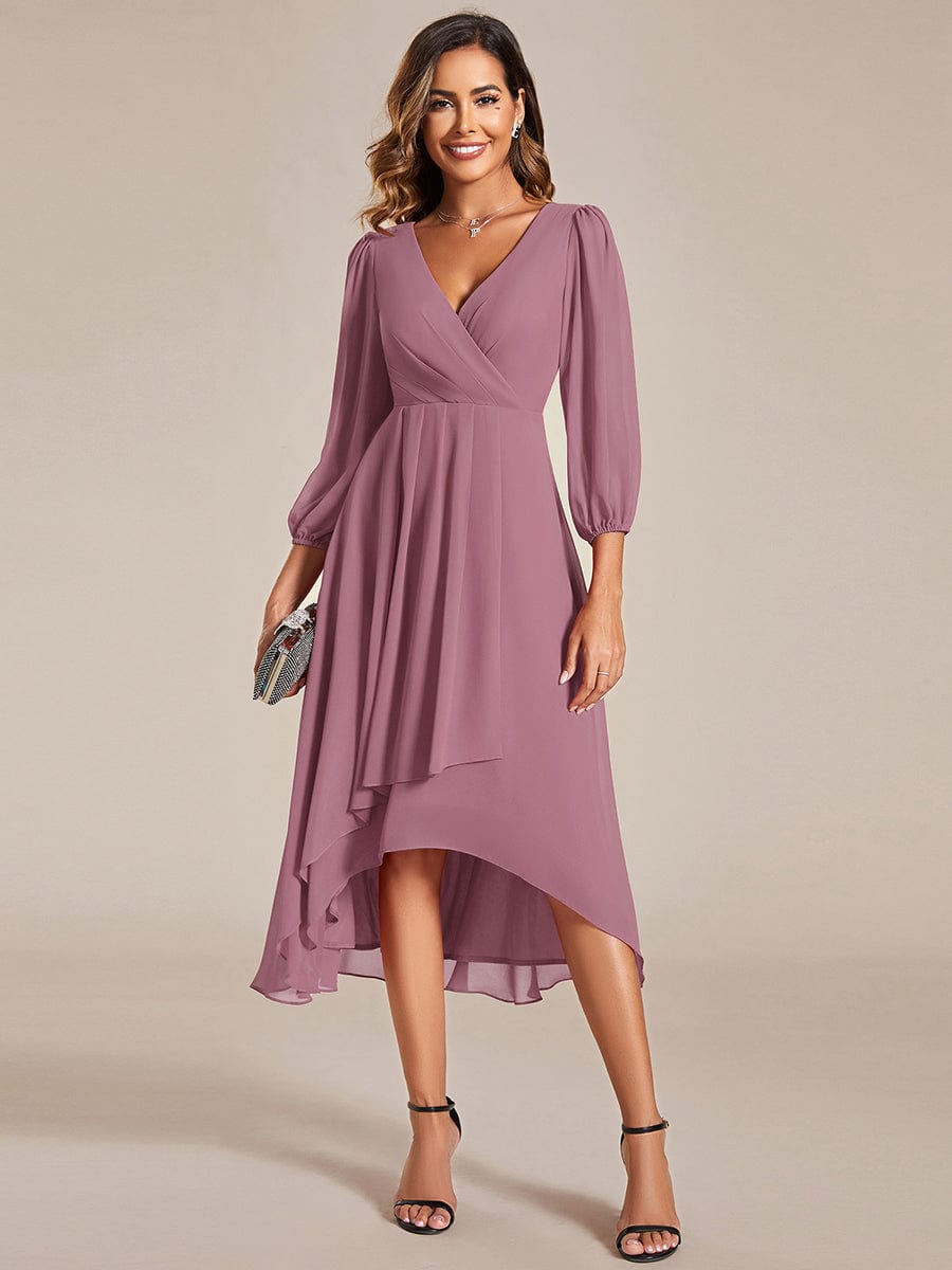 Custom Size Elegant Long Sleeve V-Neck High Low Chiffon Wedding Guest Dress #color_Purple Orchid