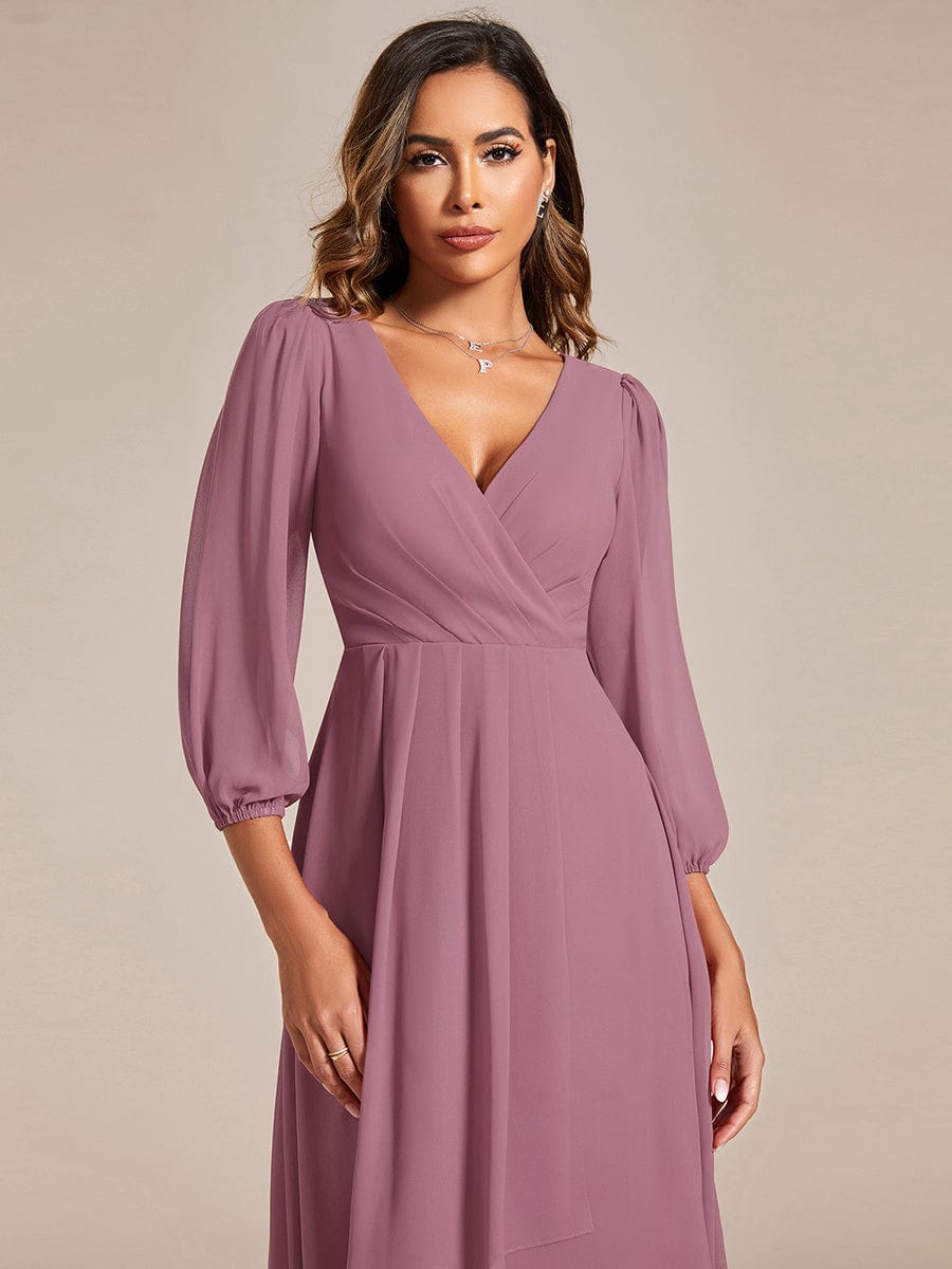 Custom Size Elegant Long Sleeve V-Neck High Low Chiffon Wedding Guest Dress #color_Purple Orchid