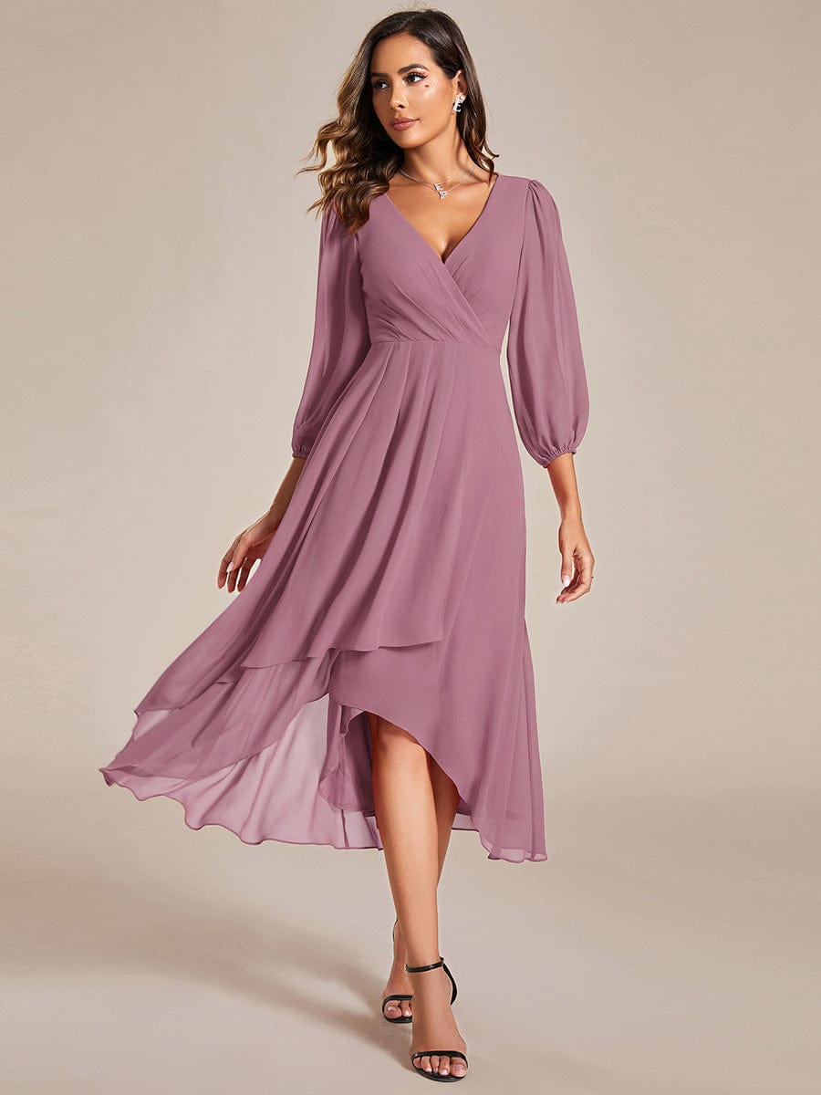 Elegant Long Sleeve V-Neck High Low Chiffon Wedding Guest Dress #color_Purple Orchid