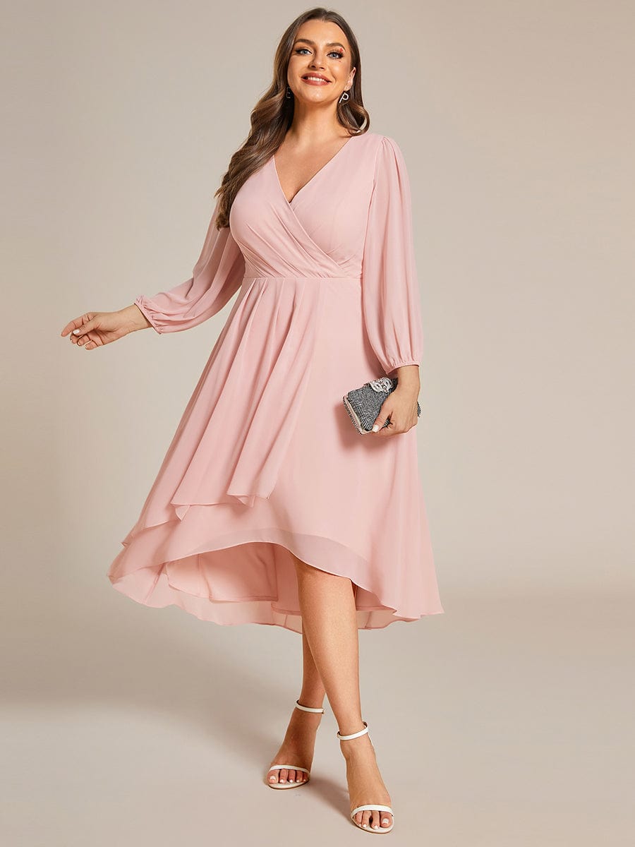 Plus Size Long Sleeve V-Neck Chiffon High Low Wedding Guest Dress #color_Pink