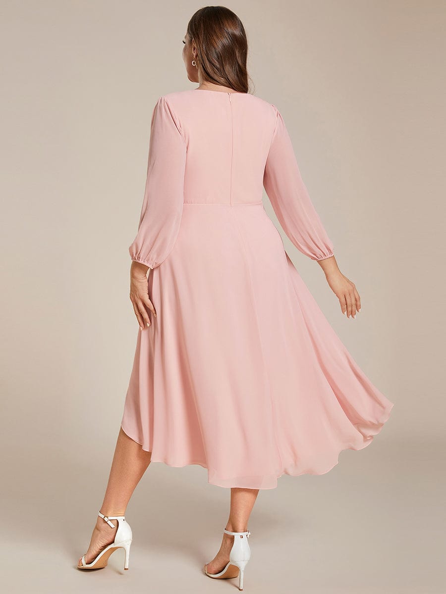 Elegant Long Sleeve V-Neck High Low Chiffon Wedding Guest Dress #color_Pink