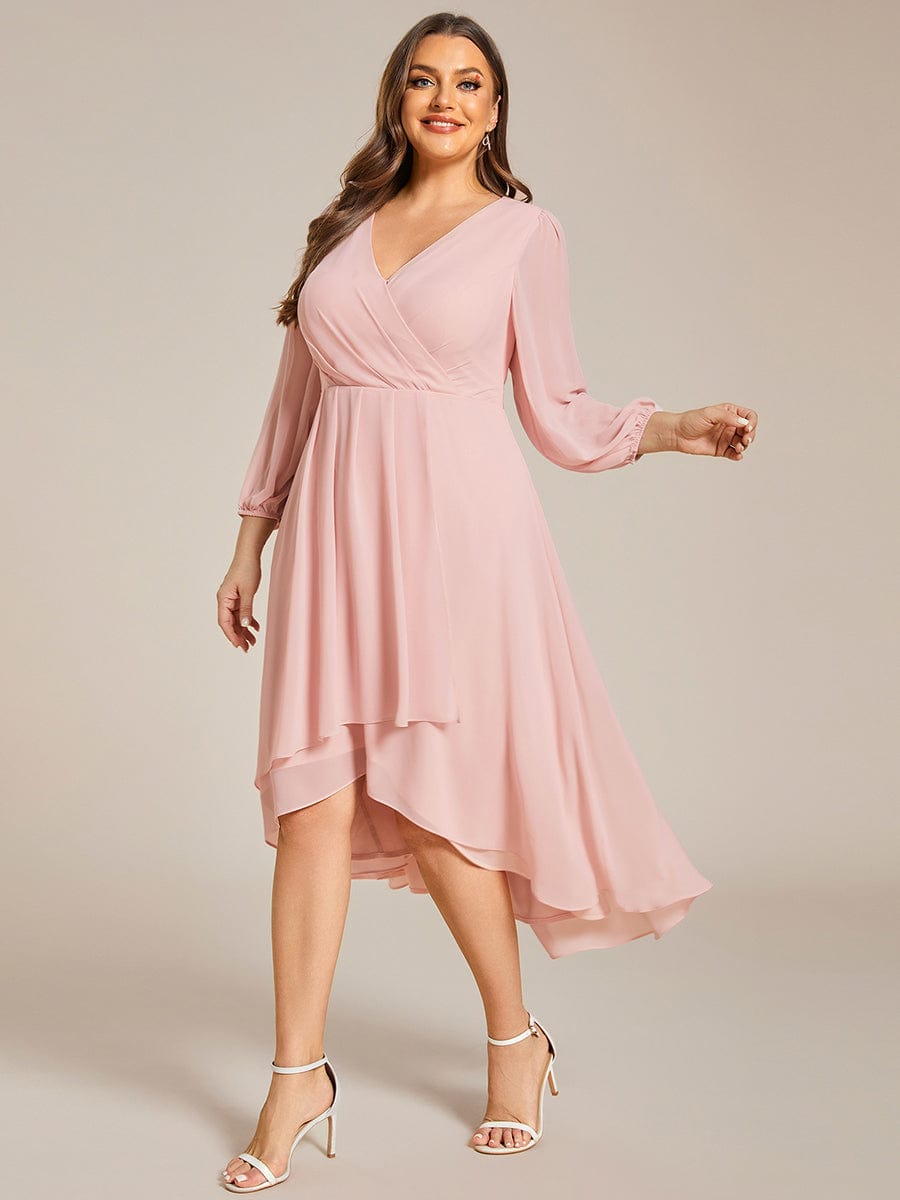 Plus Size Long Sleeve V-Neck Chiffon High Low Wedding Guest Dress #color_Pink