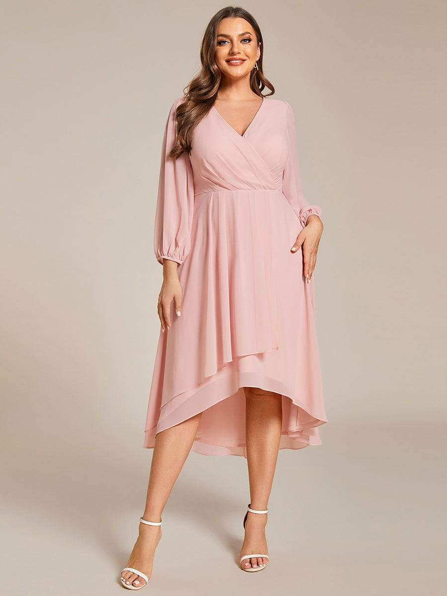 Elegant Long Sleeve V-Neck High Low Chiffon Wedding Guest Dress #color_Pink