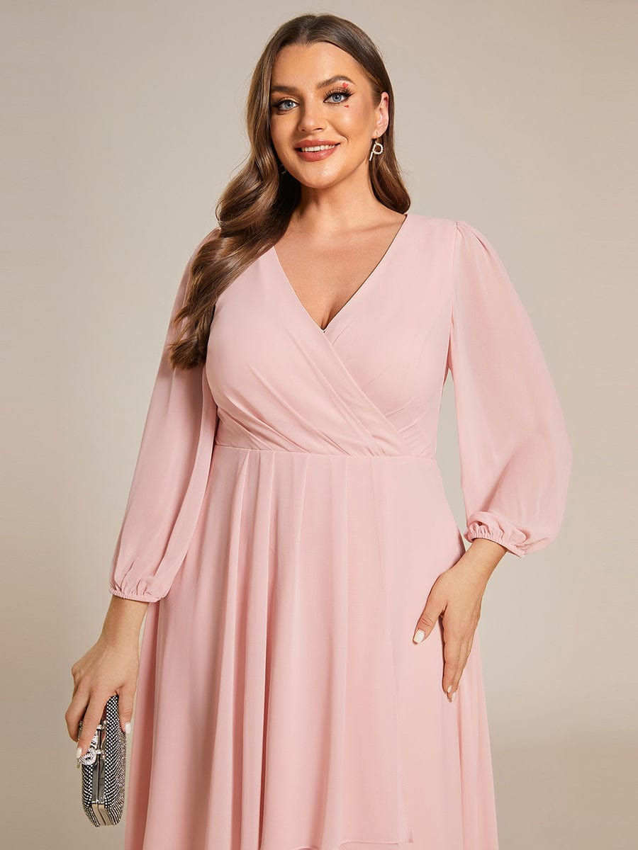 Plus Size Long Sleeve V-Neck Chiffon High Low Wedding Guest Dress #color_Pink