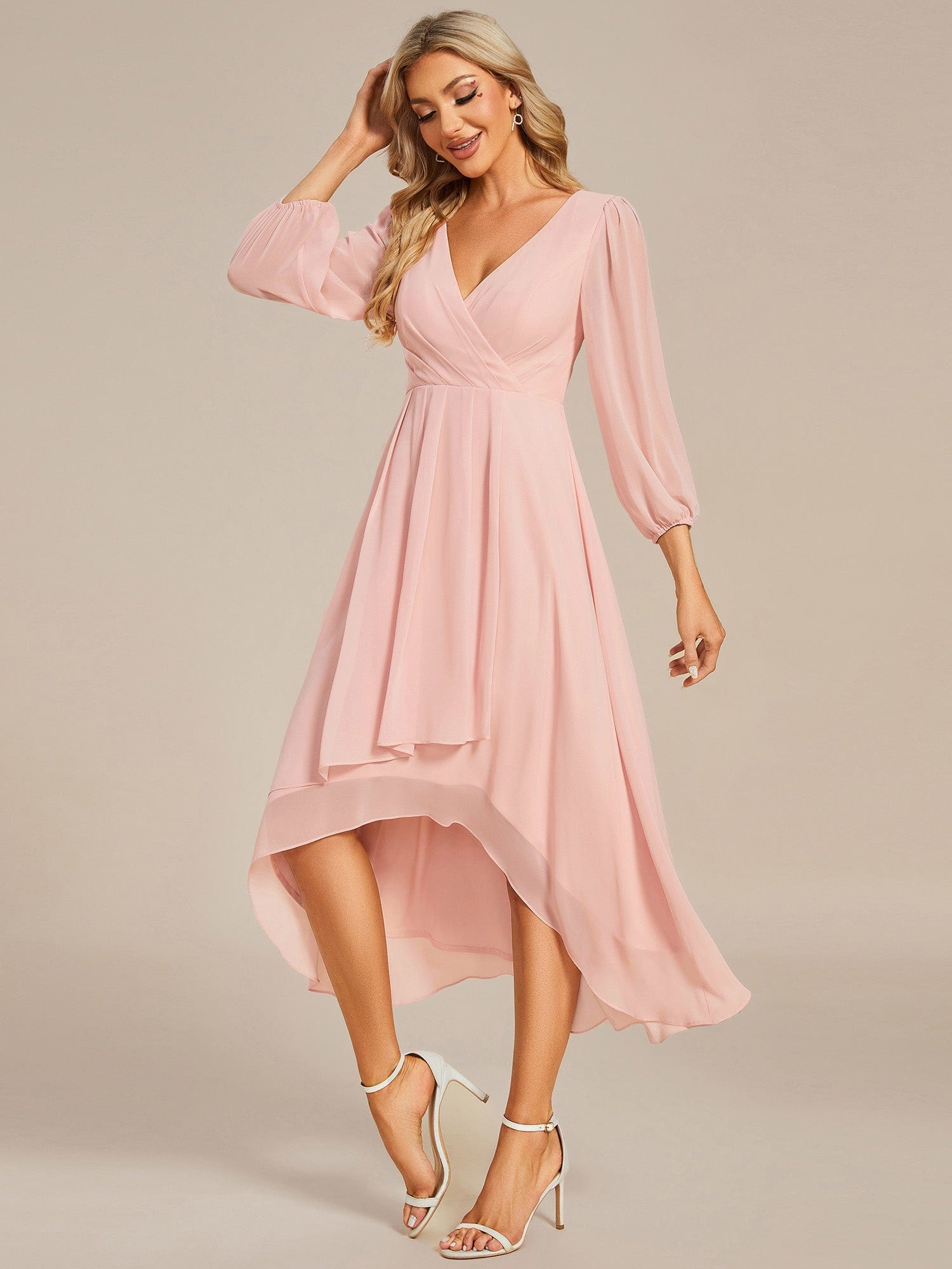 Custom Size Elegant Long Sleeve V-Neck High Low Chiffon Wedding Guest Dress #color_Pink