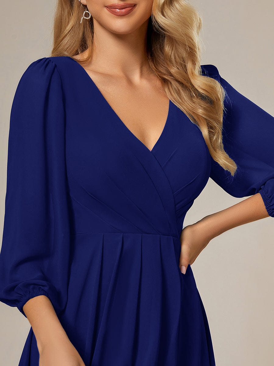 Chiffon Long Sleeve V-Neck High Low Wedding Guest Dress #color_Royal Blue