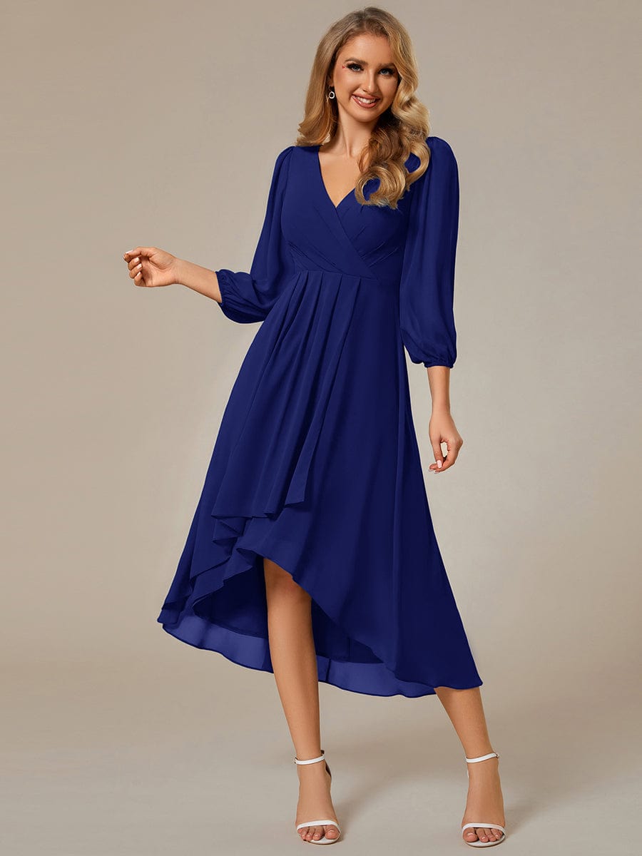 Chiffon Long Sleeve V-Neck High Low Wedding Guest Dress #color_Royal Blue