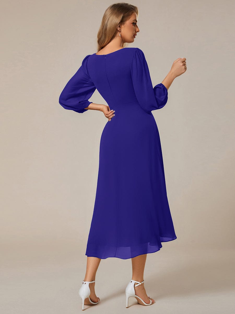 Chiffon Long Sleeve V-Neck High Low Wedding Guest Dress #color_Sapphire Blue