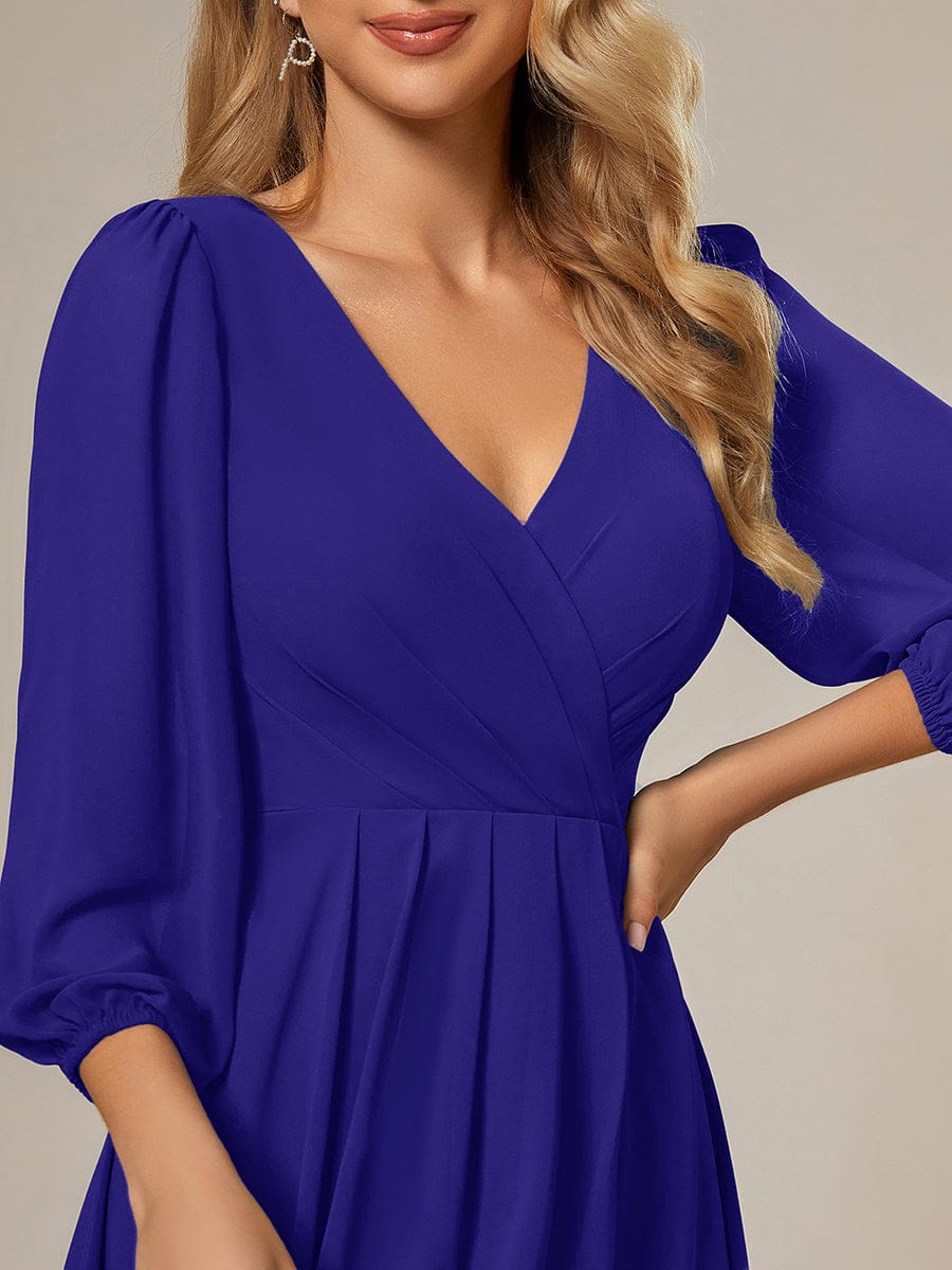 Chiffon Long Sleeve V-Neck High Low Wedding Guest Dress #color_Sapphire Blue