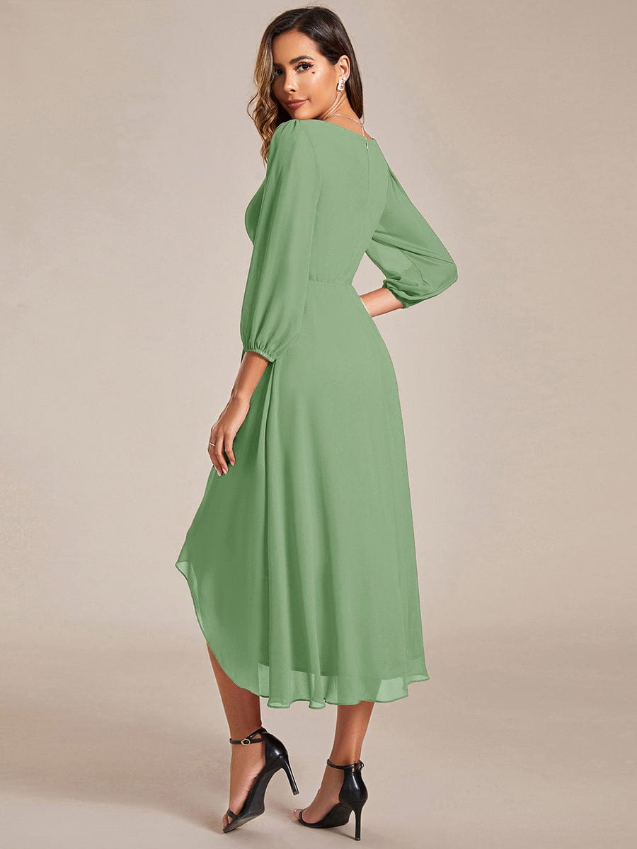 Chiffon Long Sleeve V-Neck High Low Wedding Guest Dress #color_Sage Green