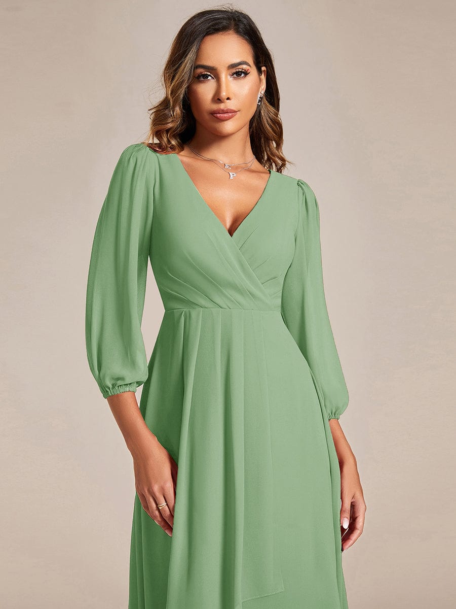 Chiffon Long Sleeve V-Neck High Low Wedding Guest Dress #color_Sage Green